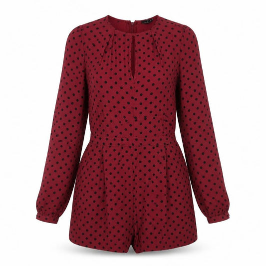Front view of ASOS women’s red polka dot viscose playsuit one-piece, size UK 10, zip