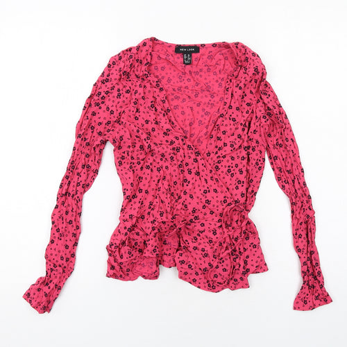 New Look Womens Pink Floral Viscose Wrap Blouse Size 10 V-Neck