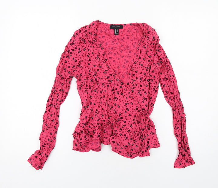 New Look Womens Pink Floral Viscose Wrap Blouse Size 10 V-Neck