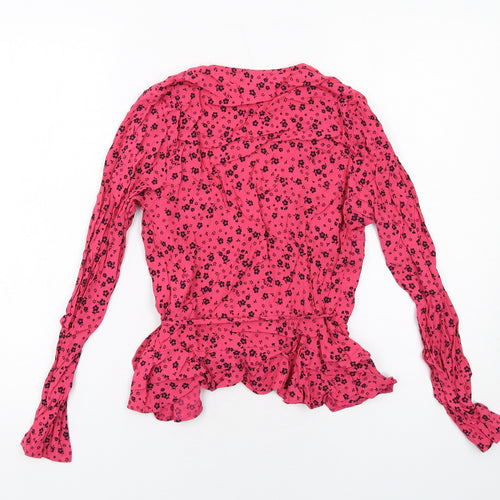 New Look Womens Pink Floral Viscose Wrap Blouse Size 10 V-Neck