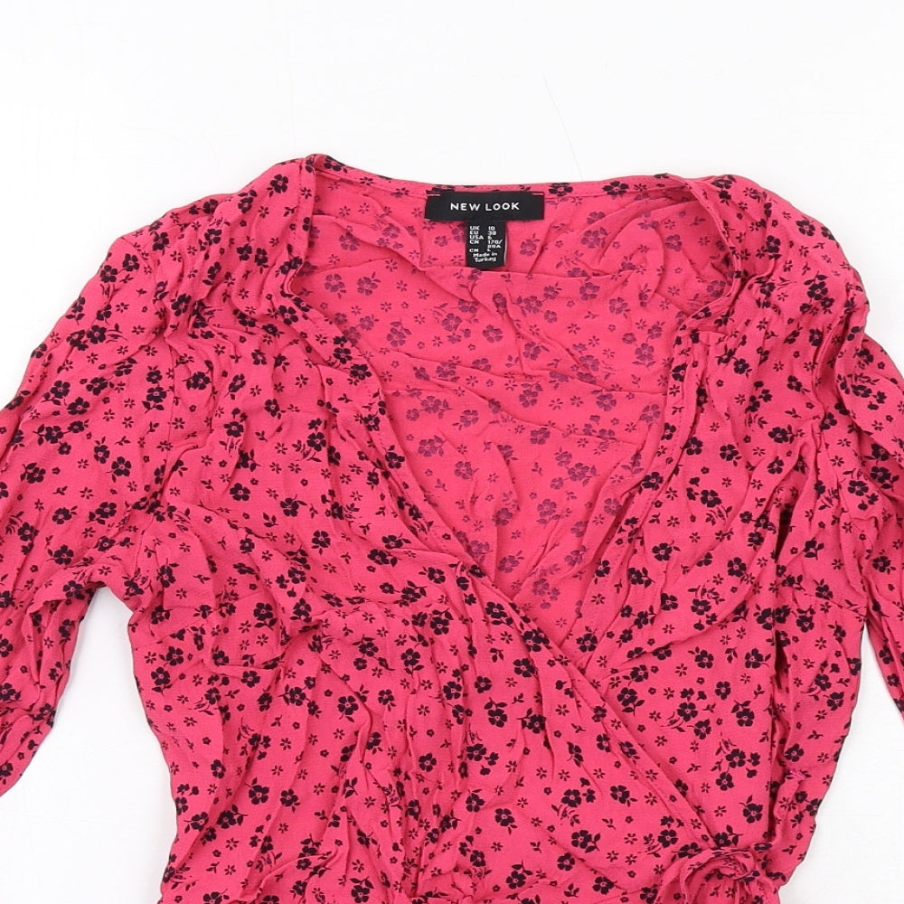 New Look Womens Pink Floral Viscose Wrap Blouse Size 10 V-Neck
