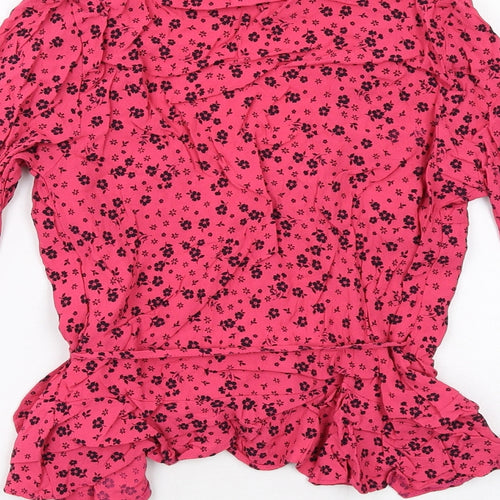 New Look Womens Pink Floral Viscose Wrap Blouse Size 10 V-Neck