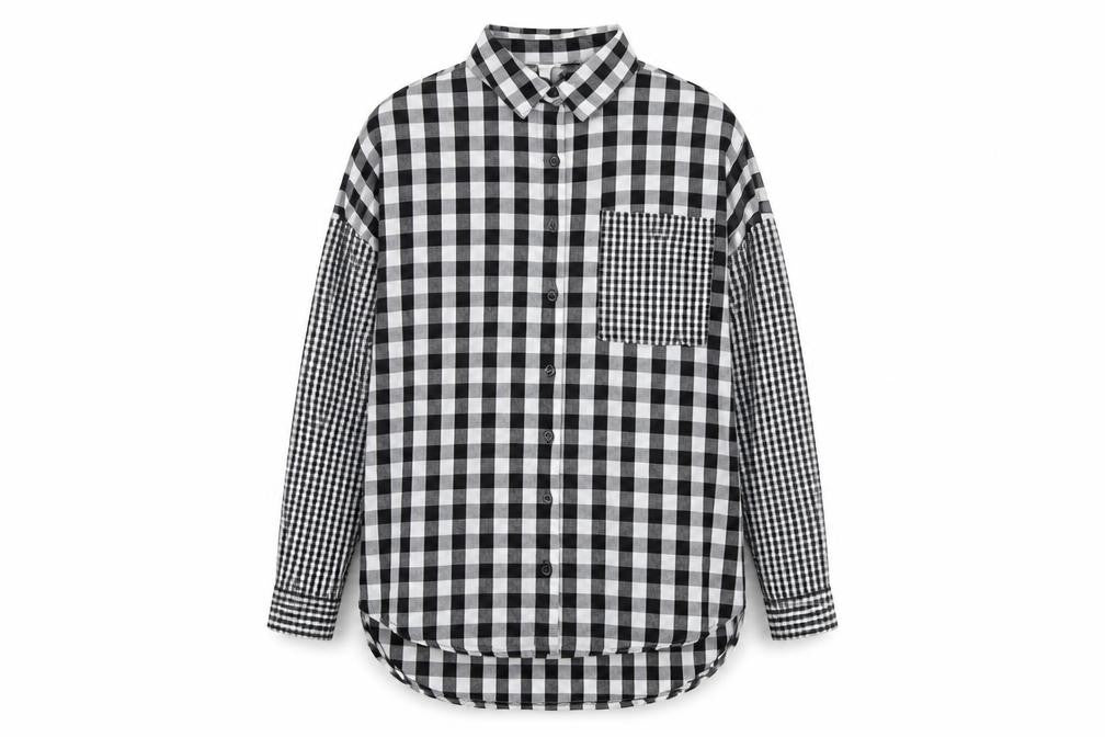 Front view of Violet Romance women’s black check cotton basic button-up, size UK 10, collared