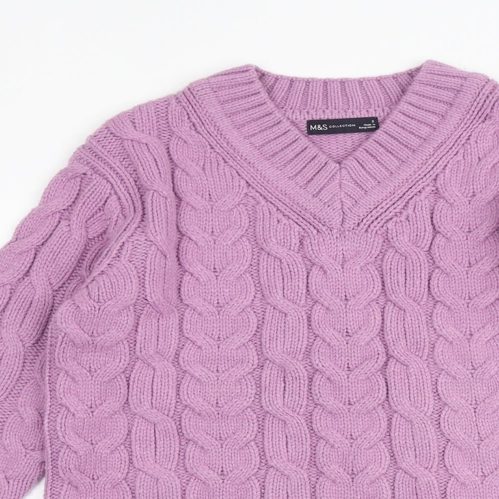 Marks and Spencer Womens Purple V-Neck Acrylic Pullover Jumper Size S