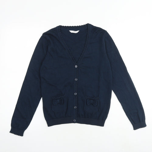 Marks and Spencer Girls Blue V-Neck 100% Cotton Cardigan Jumper Size 11-12 Years Button