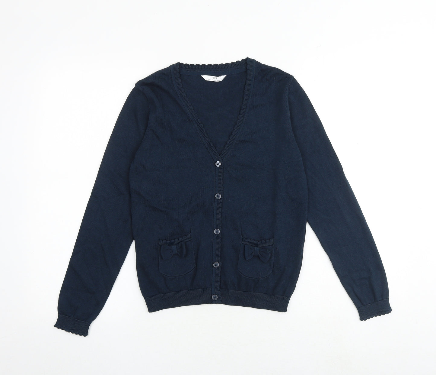 Marks and Spencer Girls Blue V-Neck 100% Cotton Cardigan Jumper Size 11-12 Years Button