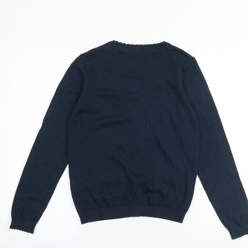 Marks and Spencer Girls Blue V-Neck 100% Cotton Cardigan Jumper Size 11-12 Years Button
