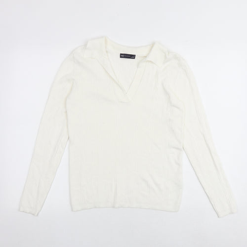 Marks and Spencer Womens White Collared Acrylic Pullover Jumper Size 12