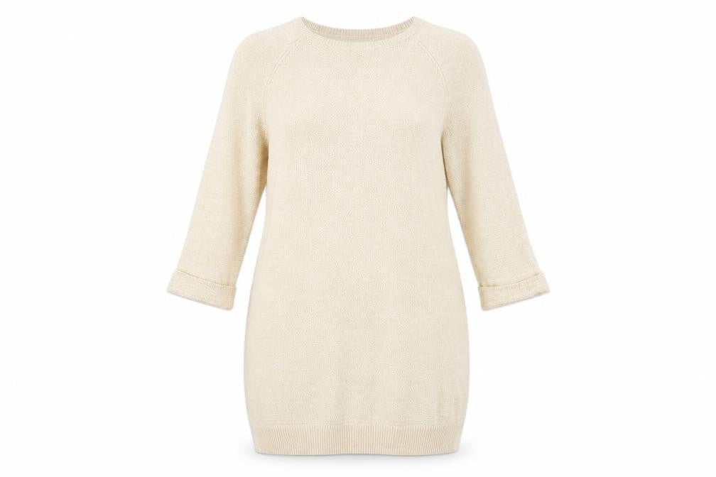 Front view of Warehouse women’s beige acrylic jumper dress, size UK 12, round neck pullover