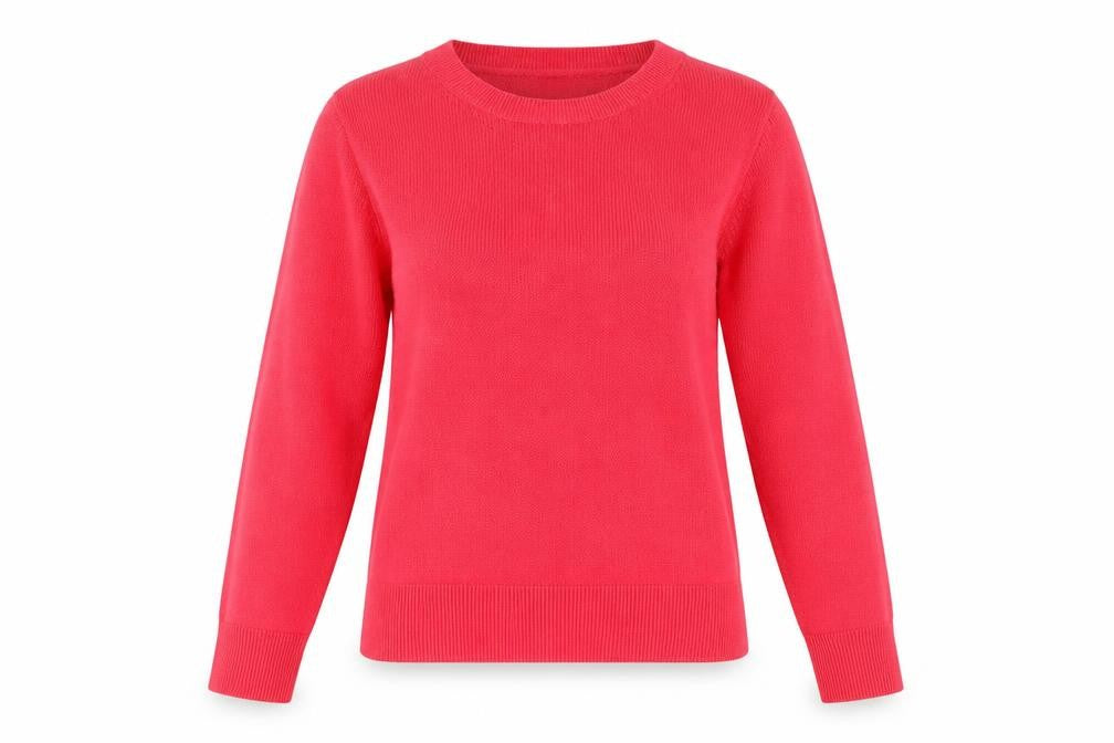 Front view of Marks & Spencer women’s pink round neck acrylic jumper, size UK 6