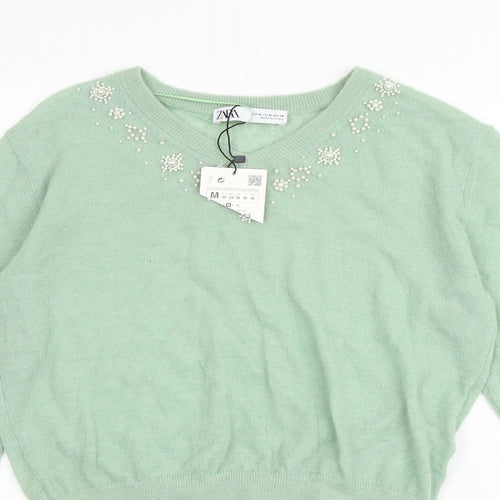 Zara Womens Green Round Neck Nylon Pullover Jumper Size M