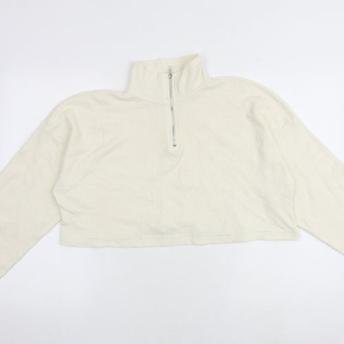Boohoo Womens White Cotton Pullover Sweatshirt Size 10 Zip