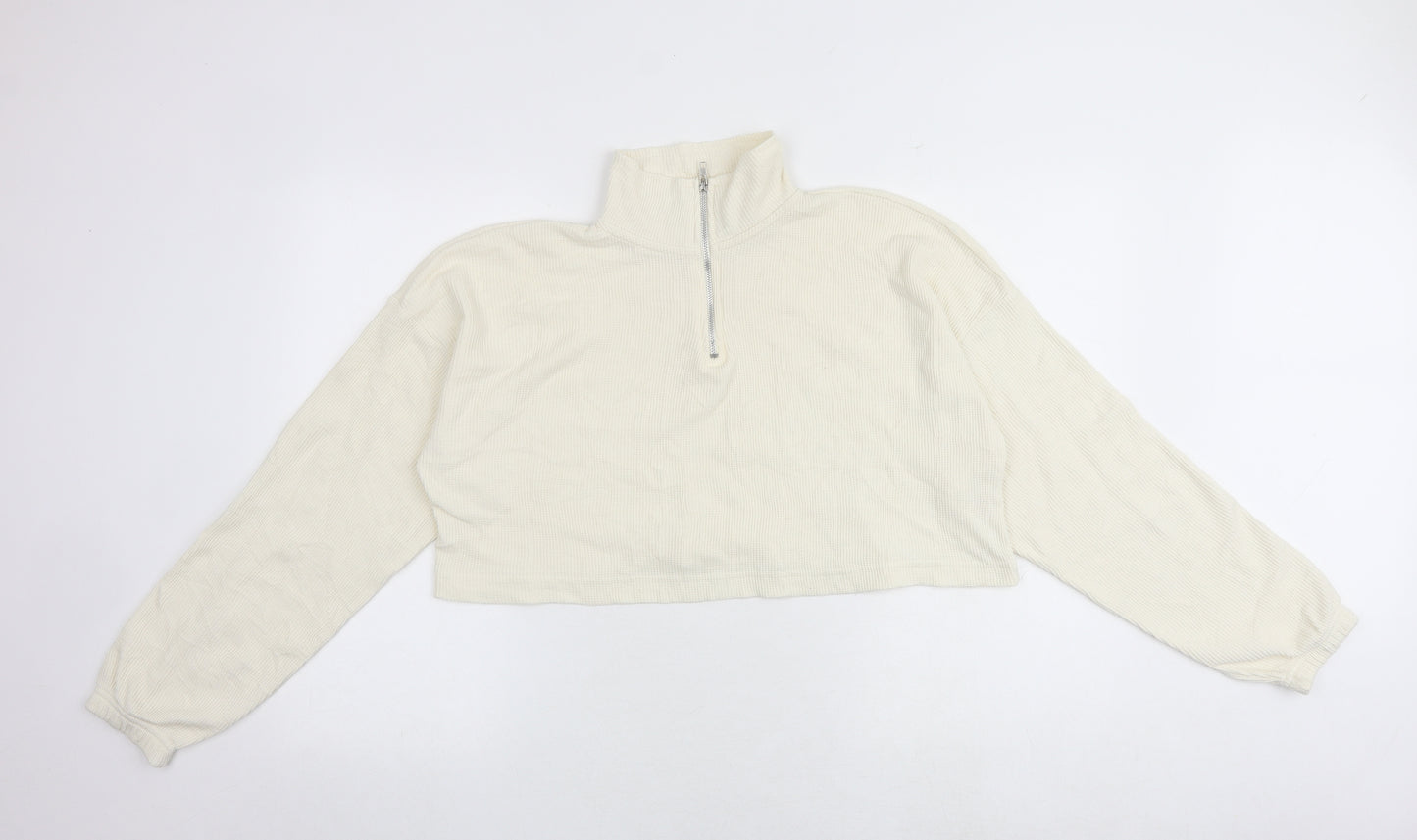 Boohoo Womens White Cotton Pullover Sweatshirt Size 10 Zip