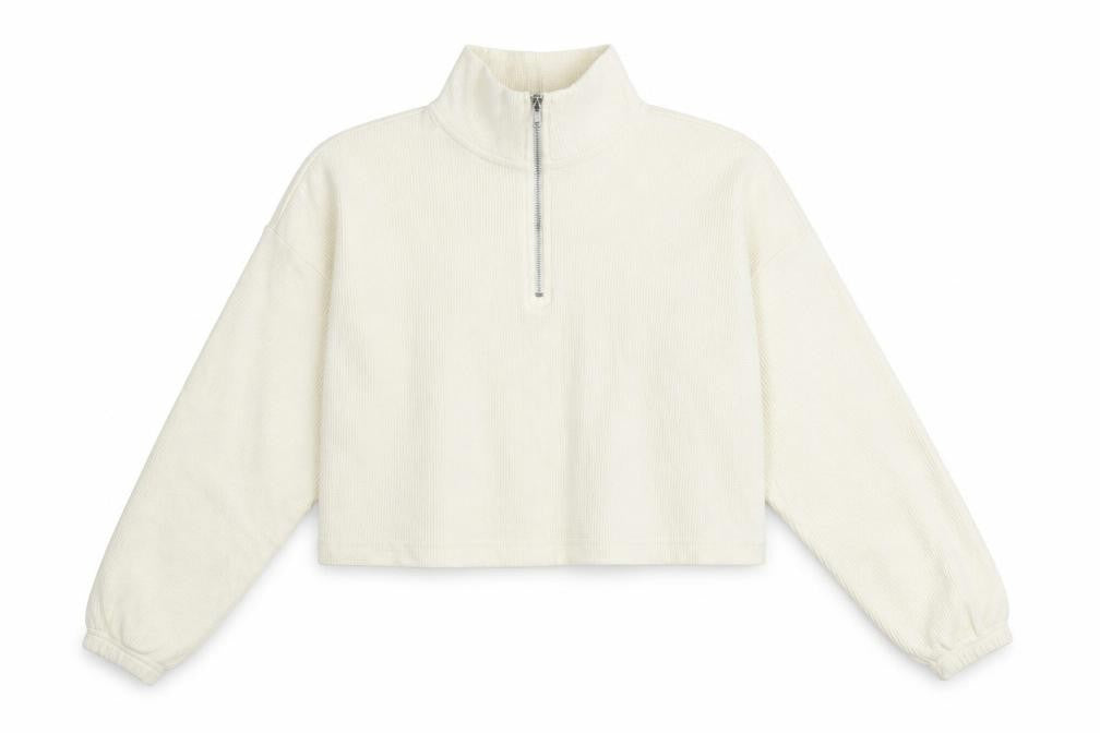 Front view of Boohoo women’s white cotton pullover sweatshirt, size UK 10, zip