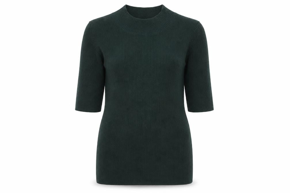 Front view of Witchery women’s green round neck acrylic jumper, size XS