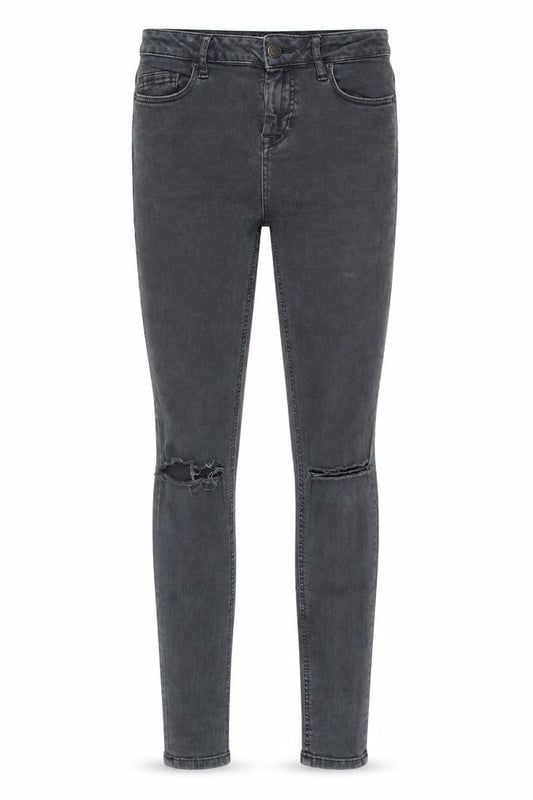 Front view of Topshop women’s grey cotton skinny jeans, size UK 26, in slim zip