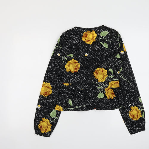 Wednesday's Girl Womens Black Polka Dot Polyester Basic Button-Up Size XS V-Neck - Yellow Roses