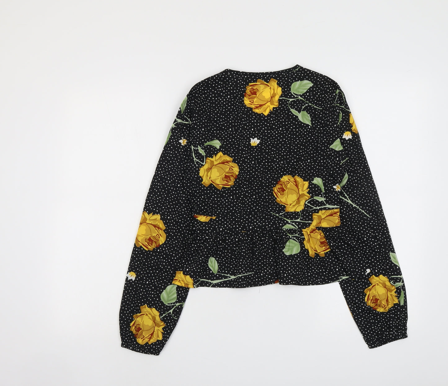 Wednesday's Girl Womens Black Polka Dot Polyester Basic Button-Up Size XS V-Neck - Yellow Roses