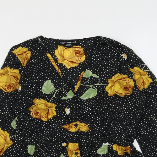 Wednesday's Girl Womens Black Polka Dot Polyester Basic Button-Up Size XS V-Neck - Yellow Roses