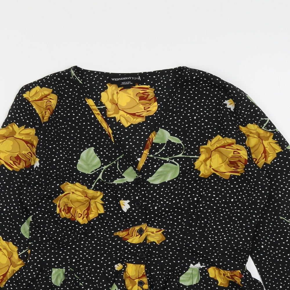 Wednesday's Girl Womens Black Polka Dot Polyester Basic Button-Up Size XS V-Neck - Yellow Roses