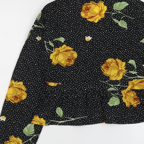 Wednesday's Girl Womens Black Polka Dot Polyester Basic Button-Up Size XS V-Neck - Yellow Roses