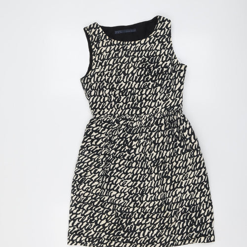 Zara Womens Black Geometric Cotton Shift Size XS Round Neck Zip