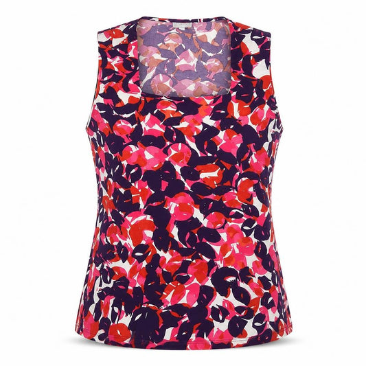 Front view of Kaliko women’s multicoloured geometric polyester basic tank, size UK 16, square neck