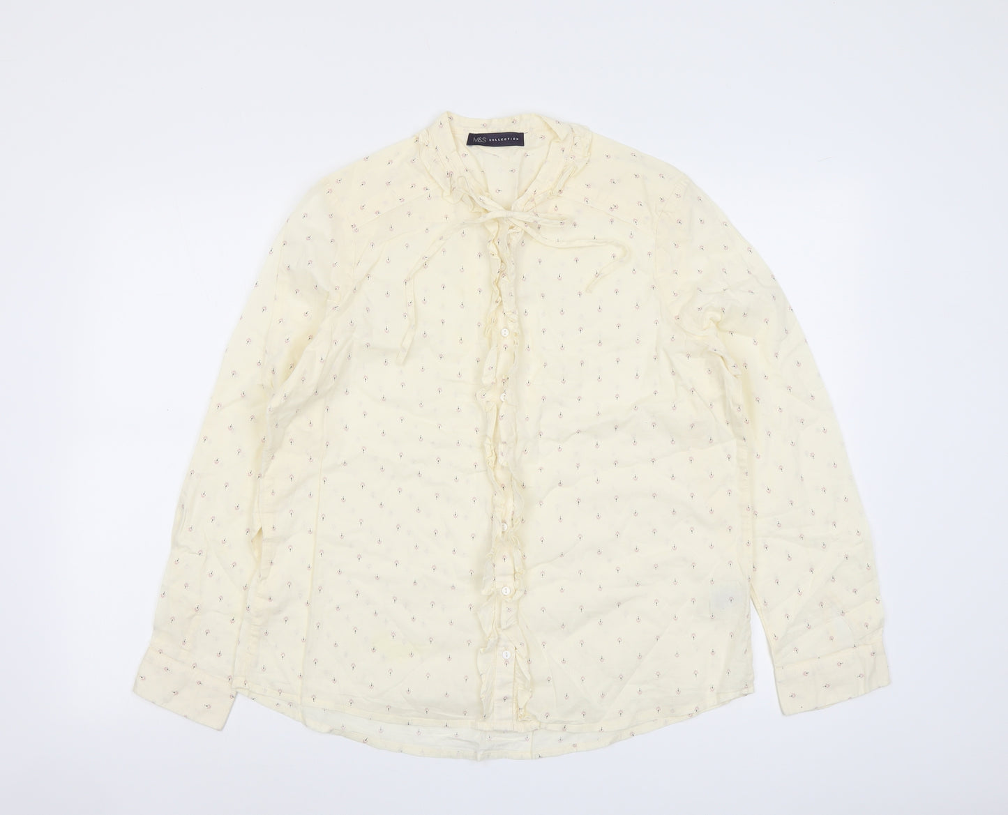 Marks and Spencer Womens Ivory Geometric Cotton Basic Button-Up Size 14 Round Neck