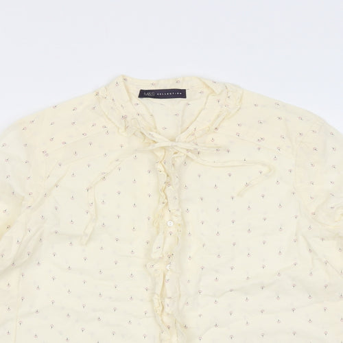 Marks and Spencer Womens Ivory Geometric Cotton Basic Button-Up Size 14 Round Neck