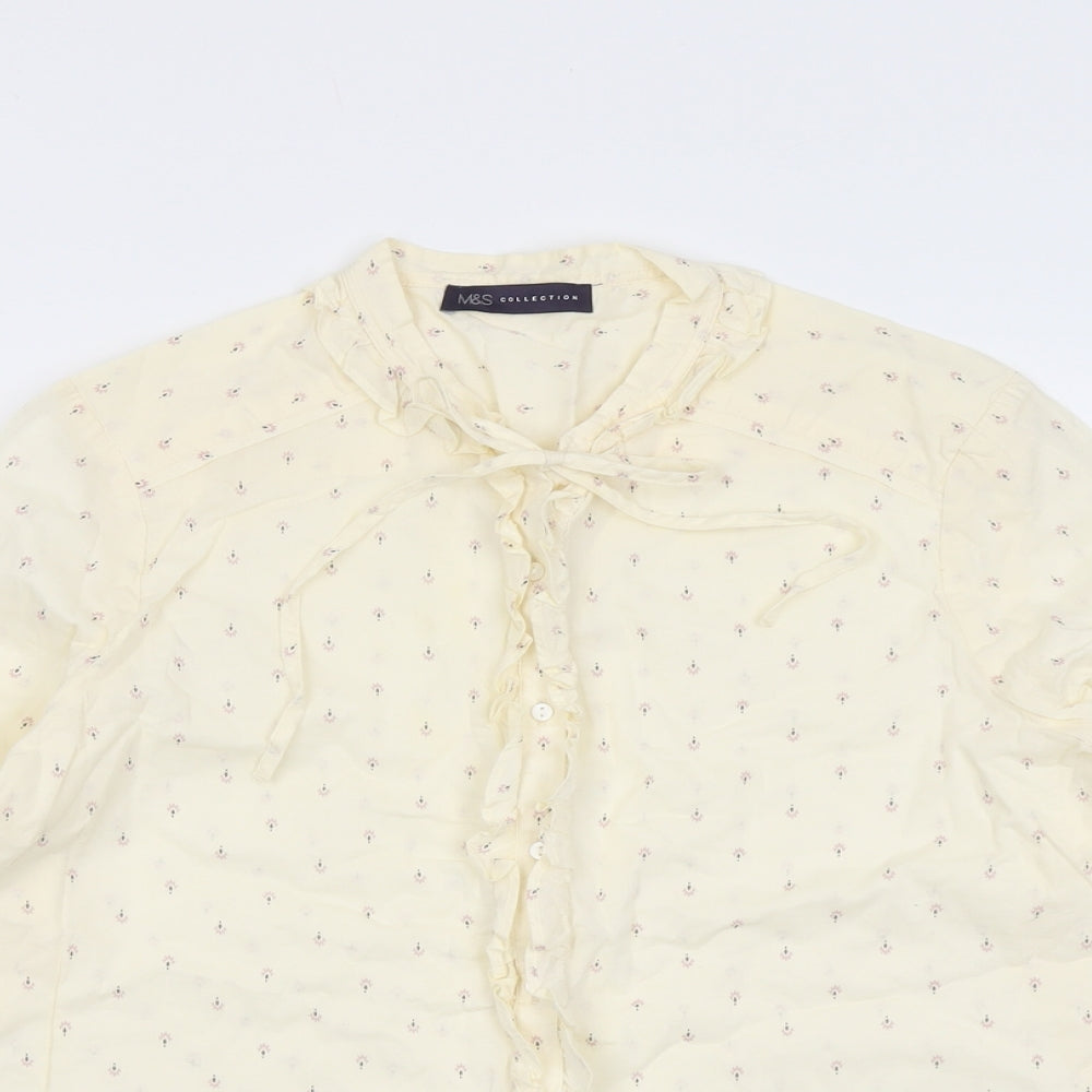 Marks and Spencer Womens Ivory Geometric Cotton Basic Button-Up Size 14 Round Neck