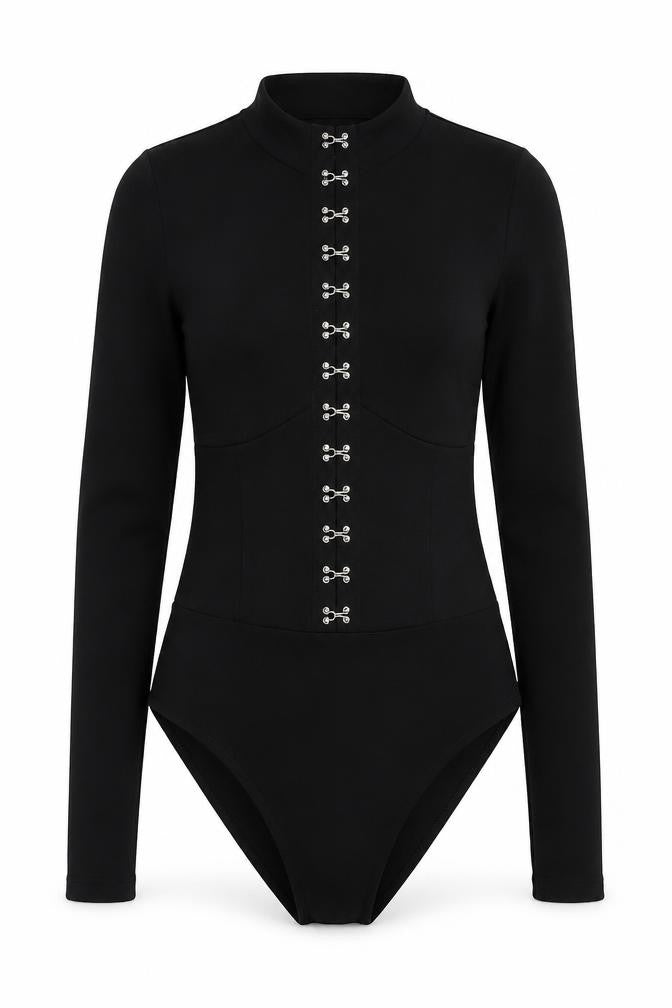Front view of Misspap women’s black polyester bodysuit one-piece, size UK 8, snap