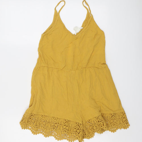 H&M Womens Yellow Viscose Playsuit One-Piece Size 8 Pullover - Crocheted Lace Detail