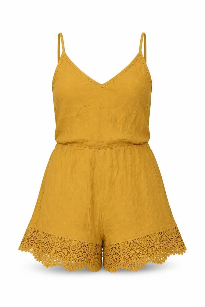 Front view of H&M women’s yellow viscose playsuit one-piece, size UK 8, pullover - crocheted lace detail