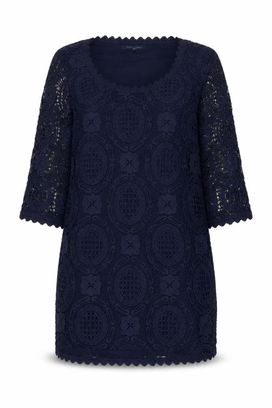 Front view of French Connection women’s blue geometric cotton a-line, size UK 10, scoop neck pullover