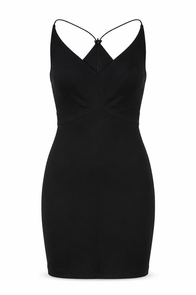 Front view of ASOS women’s black polyester bodycon, size UK 10, v-neck zip