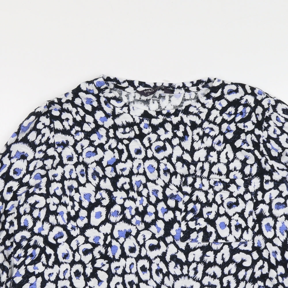 Marks and Spencer Womens Blue Geometric Cotton Basic Blouse Size 12 Round Neck