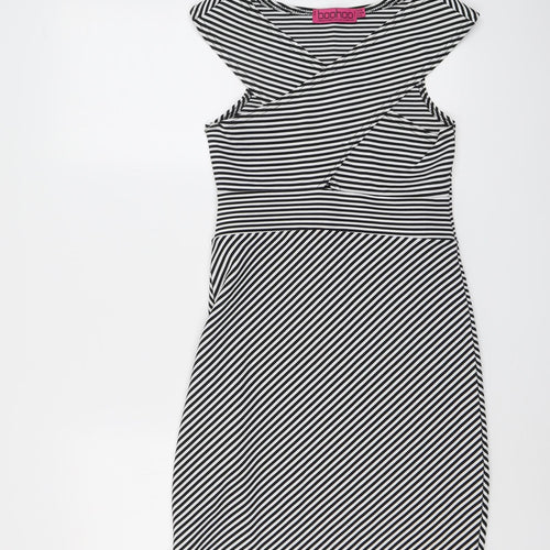 Boohoo Womens Black Striped Polyester Bodycon Size 10 V-Neck Pullover