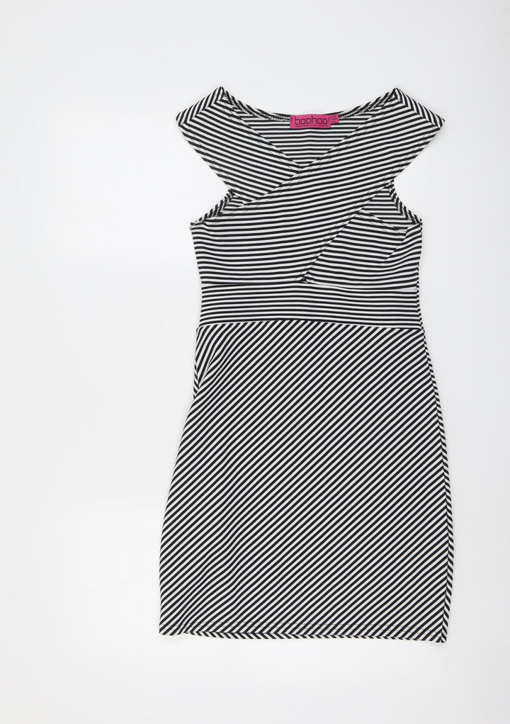 Boohoo Womens Black Striped Polyester Bodycon Size 10 V-Neck Pullover