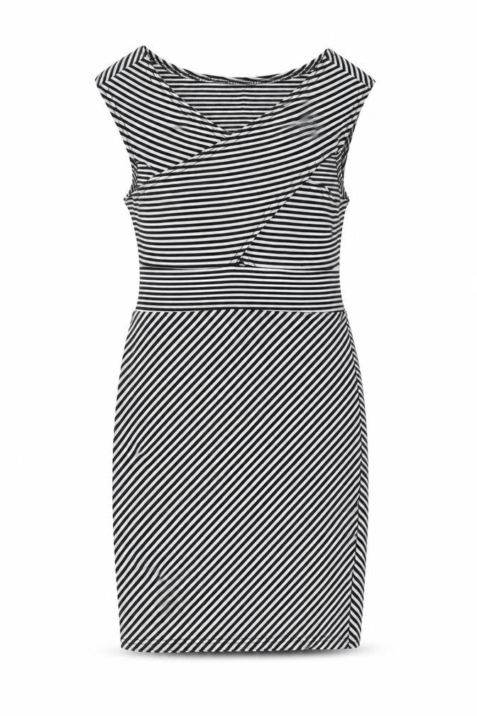 Front view of Boohoo women’s black striped polyester bodycon, size UK 10, v-neck pullover