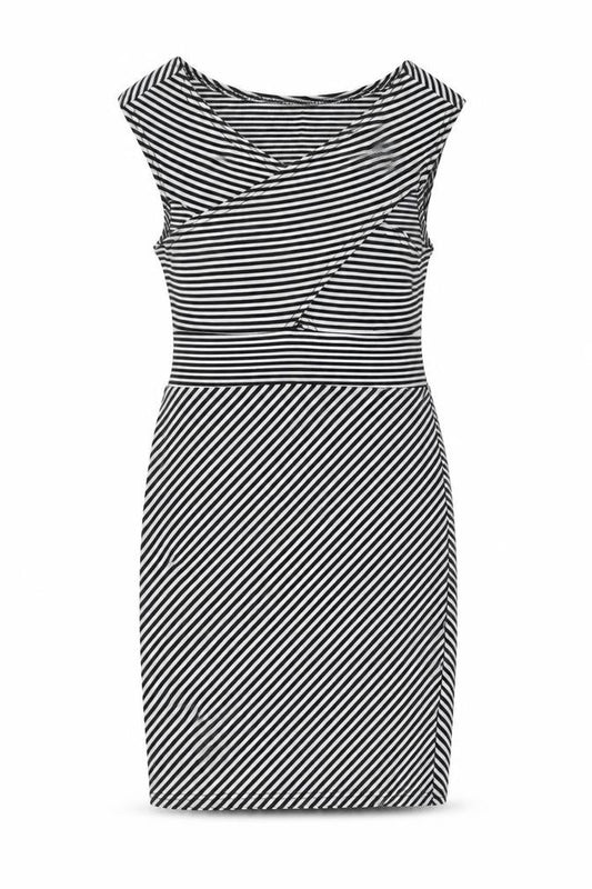 Front view of Boohoo women’s black striped polyester bodycon, size UK 10, v-neck pullover