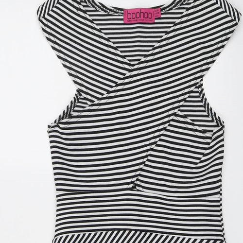 Boohoo Womens Black Striped Polyester Bodycon Size 10 V-Neck Pullover
