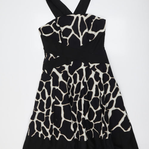 Karen Millen Womens Black Animal Print Cotton Fit & Flare Size 14 V-Neck Zip - Giraffe pattern