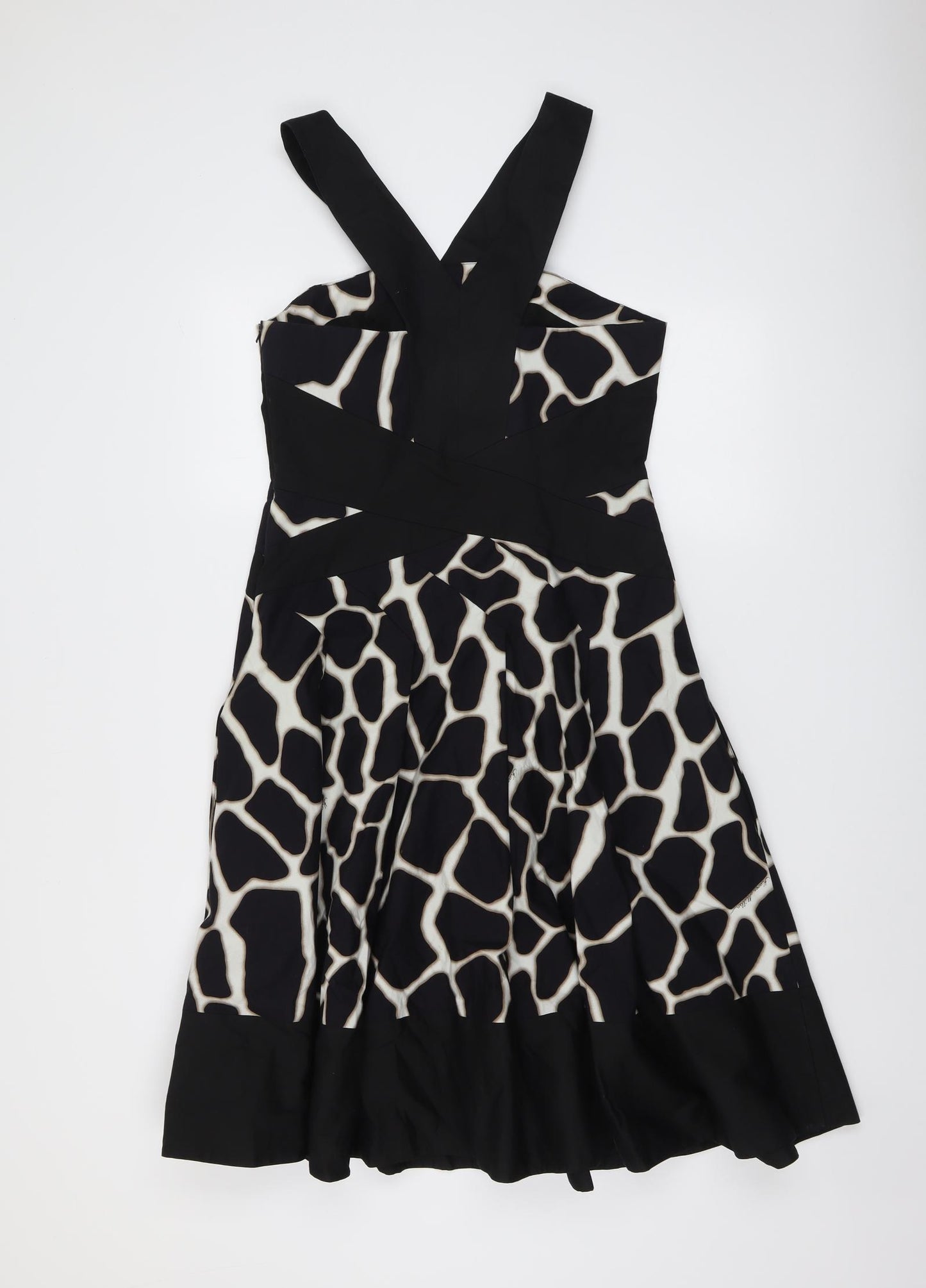 Karen Millen Womens Black Animal Print Cotton Fit & Flare Size 14 V-Neck Zip - Giraffe pattern