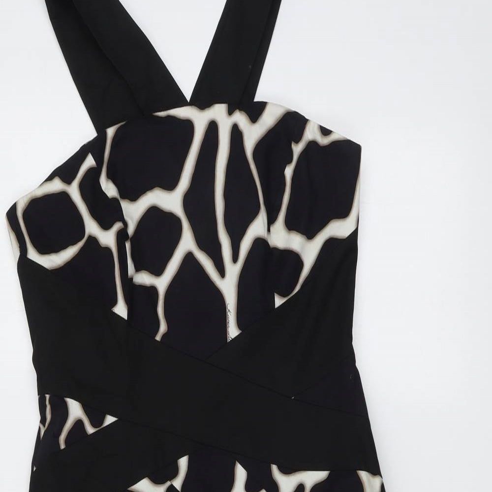 Karen Millen Womens Black Animal Print Cotton Fit & Flare Size 14 V-Neck Zip - Giraffe pattern