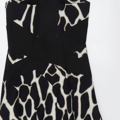 Karen Millen Womens Black Animal Print Cotton Fit & Flare Size 14 V-Neck Zip - Giraffe pattern