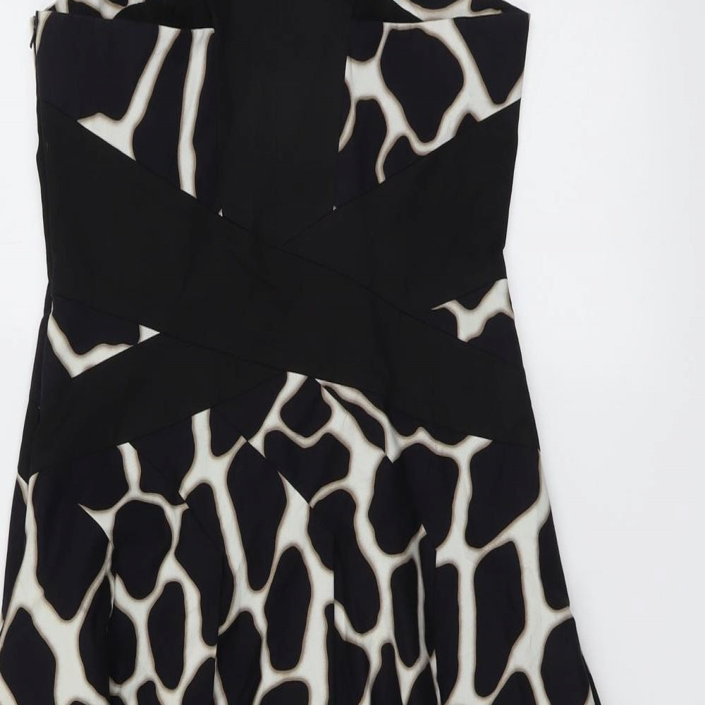 Karen Millen Womens Black Animal Print Cotton Fit & Flare Size 14 V-Neck Zip - Giraffe pattern