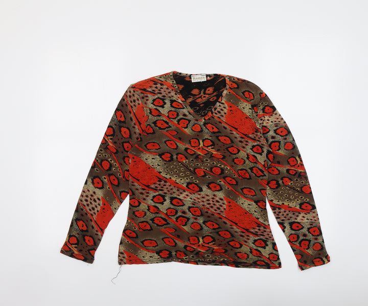 Roman Womens Multicoloured Geometric Acetate Basic Blouse Size S V-Neck
