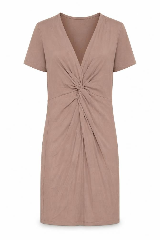 Front view of H&M women’s beige modal a-line, size XS, v-neck pullover