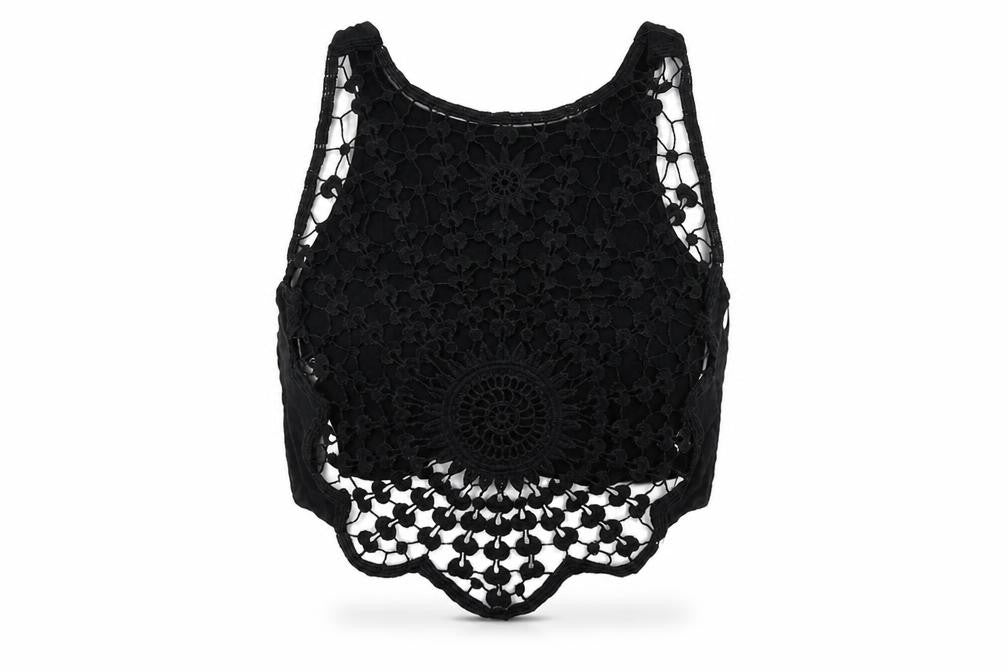 Front view of H&M women’s black polyester cropped tank, size UK 6, round neck