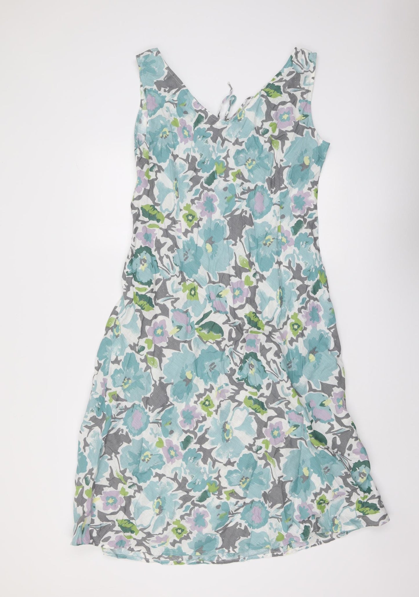 EAST Womens Multicoloured Floral Linen A-Line Size 14 V-Neck Pullover